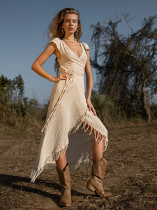 Otoño Vintage Boho Diosa Vestido Blanco Algodón Fringe Wrap Vestido con Patrón Sólido Asimétrico y Liso Teñido - Product Image 4