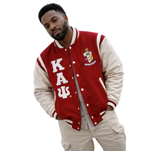 Chaqueta Universitaria Kappa Alpha Psi Krimson and Kream de Lana, Estilo Clásico Griego, Ropa Exterior de Fraternidad - Product Image 1
