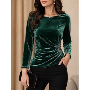 Women's Long-Sleeved, Open Neck, <b>Velvet</b> Blouse with Stone Detail at the Waist, 37432 - <b>Green</b> - Product Image 1