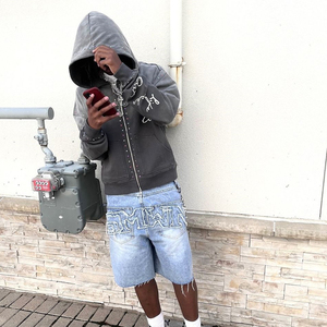 Nouveauté : sweat à capuche zippé pour homme en molleton lourd, délavé à l'acide, avec strass, coupe classique vintage - Product Image 6