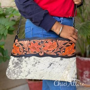 Nouveau Western élégant outillage cheveux sur cacher fourrure cuir sac à bandoulière femmes fabriqués à la main en cuir outillé Mini bandoulière côté sac à bandoulière - Product Image 1