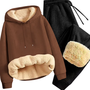 Brown Fleece Lined <b>Hoodie</b> Tracksuit With Warm Jogger Pants For Men Women Winter Heavyweight Casual Sportswear Wholesale OEM - Product Image 3