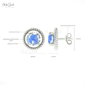 Pendientes redondos de piedra lunar arcoíris Natural de corte brillante de 5MM de alta calidad para mujer, pendientes de piedras preciosas de oro sólido de 14K, proveedor de compra a granel - Product Image 4