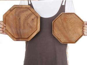Juego de 2 bandejas de madera de acacia, platos para servir, bandeja cuadrada octagonal para servir, tabla de charcutería de pan para ensalada de frutas, queso - Product Image 5