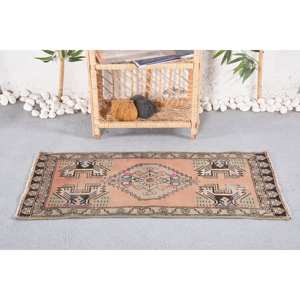 Vintage Classic Wool <b>Rug</b> 1.6 X 3.3 ft Pink Beige Geometric Patchwork Design for <b>Bedroom</b> Entryway Decoration with Latex Backing - Product Image 1