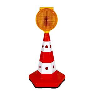 Ensemble de cônes de signalisation solaires classiques jaunes œil-de-chat ronds clignotants en ABS et aluminium pour allées et routes, avec réflecteur blanc - Product Image 1