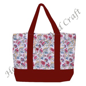 Burgundy Handle Block Printed Tote Shopping <b>Bag</b> India Multi-Hand Floral Design Durable Two Shoulder Straps Wholesale BHCB078 - Product Image 6