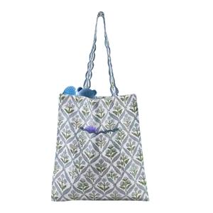 Sac fourre-tout en coton indien imprimé bloc à la main bleu acier clair Sac fourre-tout pour femmes Sac fourre-tout à la main imprimé bloc Sac à bandoulière matelassé - Product Image 1