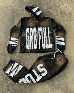 Conjunto de Sudadera con capucha para hombre, conjunto de chándal desgastado de 460GSM, chándal apilado Vintage personalizado, lavado ácido acampanado, sudor, calle alta de talla grande - Product Image 4