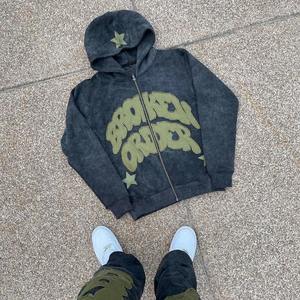 Customizable 100% Cotton <b>Zip</b>-Up Embroidered Patch Hoodie Set Sun Faded Distressed Oversized Pattern Plus Size Winter Rhinestone - Product Image 2