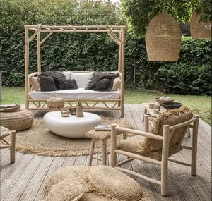 Süper Deluxe bambu kamışı bahçe veranda yastık sandalye ve masa seti el sanatları açık iç mekan mobilyası için lobi çim salonu Cour