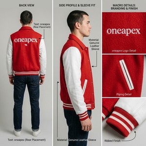 Premium <b>Red</b> White Letterman Jacket Woolen Body Leather Sleeves Rib Knit Collar Cuffs Snap Front Custom Logo Streetwear Outerwear - Product Image 5