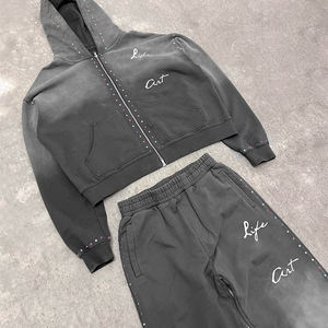 Personnalisable Détresse Strass Lavage À L'acide Zip-Up Survêtements Hommes Femmes Évasée Survêtement Lourd À Capuche Pantalon De Survêtement - Product Image 3