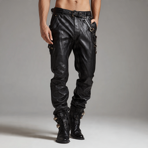 Pantalones negros brillantes de cuero PU para motocicleta, pantalones de cuero con cinturón de botón para hombre, pantalones de cuero PU a la moda para hombre - Product Image 6
