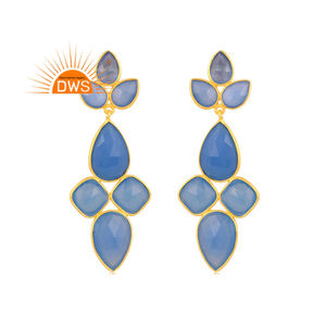 ต่างหูพลอยคาลซิโดนีธรรมชาติชุบทอง18K แบบห้อยอัญมณีสีฟ้า - Product Image 1