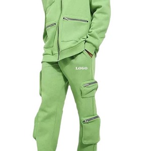 Design personnalisé Vert Full Zip Up Hoodies Multi Zipper Pockets Jogger Set Hommes Blank Cotton Tracksuits - Product Image 2