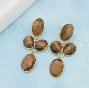 Pendientes Elegantes de Ojo de Tigre Ovalados, Joyería de Piedras Preciosas, Plata de Ley 925, Chapado en Oro de 18K, Pendientes Colgantes, Regalo para Ella - Product Image 4