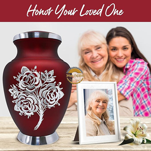 โกศเผาช่อกุหลาบแดงสำหรับขี้เถ้ามนุษย์ | โกศแกะสลักรูปดอกไม้สีเงินสง่างาม | โกศขนาดผู้ใหญ่ที่ระลึกโดย ayaans - Product Image 3