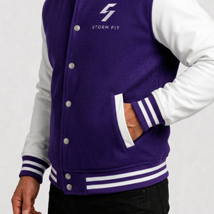 Custom Unisex <b>Purple</b> White <b>Varsity</b> <b>Jacket</b> Preppy Style Wool Cotton Regular Fit Stand Collar Breathable Eco-Friendly Winter - Product Image 3