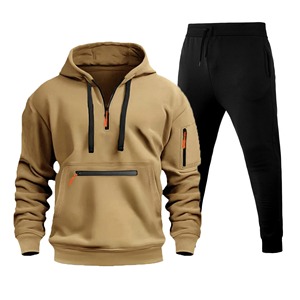 Chándal de lana estampado de dos piezas de invierno de calidad para hombre, media cremallera, múltiples bolsillos, Sudadera con capucha, pantalones, traje, deportes al aire libre - Product Image 1