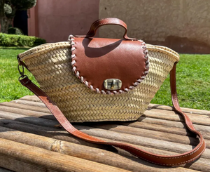 Sac de panier en paille tissée marocaine avec poignées en cuir-Boho Beach Tote-Sac de marché en feuille de palmier naturel - Product Image 2