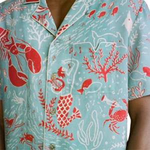 La camisa azul francesa de Mar di Gras presenta juerguistas semidesnudos con tuberías de tiza de criaturas marinas y diseño de tapiz sueco - Product Image 3