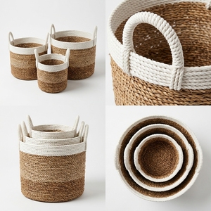 Ensemble de paniers en plastique recyclé à base de peau de banane naturelle, avec bordure en macramé blanc, poignée en arche, pot cylindrique, décoration artistique pure pour la maison - Product Image 2