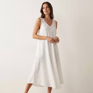 Vestido Midi Informal de Verano, Transpirable y Lavable, con Cuello en V, Tirantes Anchos de Piqué, Bolsillos, Cintura Natural, 100% Lino - Product Image 1