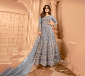 Traje de Fiesta de Boda Modal para Mujer, Estilo Anarkali de Moda India, con Bordado y Malla Pesada, Salwar Kameez Largo - Product Image 3