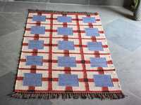 Tapis en laine et jute tissé à la main beige, bleu et rouge à bas prix |   Tapis moderne à poils plats, motif à carreaux texturé, tapis kilim lavable