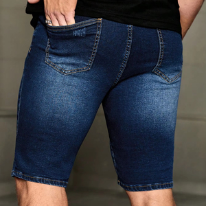 กางเกงขาสั้นผู้ชายสีน้ำเงินเข้มเข้ารูปคุณภาพสูงผ้าเดนิมผ้าฝ้าย100% สไตล์ฮิปฮอปเอวยางยืดรัดรูปมีรูขาดรายละเอียดพู่ - Product Image 5