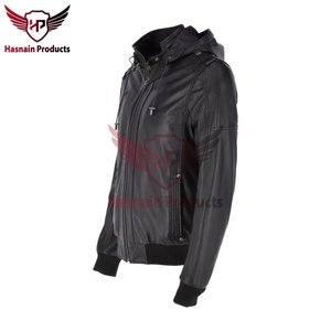 Blouson Bomber Homme en Cuir Véritable Noir avec Capuche, Épaulettes en Cuir de Vachette, Bordure en Tricot Côtelé, Vêtement d'Extérieur Classique Personnalisé Chaud pour l'Hiver - Product Image 2