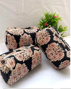 Waterproof Block Print Toiletry Bag, <b>Vintage</b> Hand Print <b>Quilted</b> Makeup Bag, Women Travel Accessory Pouch Large Cosmetic Bag - Product Image 3