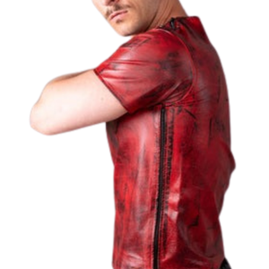 T-shirt en cuir rouge vieilli effet faux cuir pour homme, style clubwear fétiche, col rond, haut tendance - Product Image 6