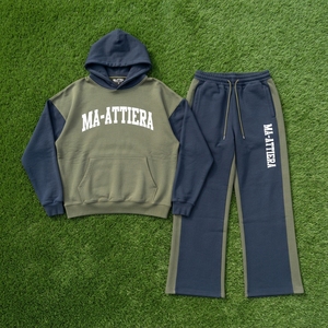 Custom Men Green Navy Color Block <b>Zip</b> Up Hoodie <b>Jogger</b> Set Cotton Fleece Casual Tracksuit OEM Wholesale - Product Image 4