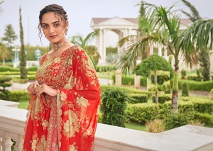 Belle Georgette brodée impression numérique Menkalinan Coli avec fil de séquence de renard pur et Dupatta cousu allonger - Product Image 6