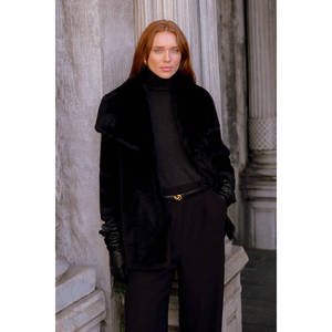 Abrigo de Piel de Chinchilla con Cuello Mao - Abrigo Largo de Cuero Genuino Negro Talla Grande - Product Image 1