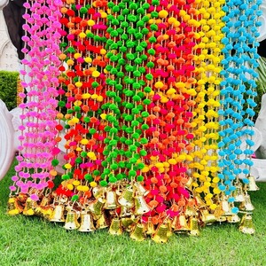 Multicolor indio Pom cadena con campanas boda fiesta Mehndi Holi Festival telón de fondo hogar pared colgante Boho Diwali Decoración - Product Image 6