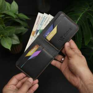 No.55 <b>Ladies</b> <b>Card</b> <b>Holder</b> Wallet Bifold Design Slim Vegetarian Tanned Grain Leather Black Color Fold Closure Type - Product Image 1
