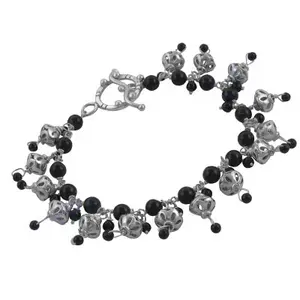 "Black Onyx Gemstone Women's Fashion Charm <b>Bracelet</b> with <b>Silver</b> <b>Beads</b>" - Product Image 1