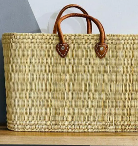 Moroccan <b>Straw</b> Basket With Leather Handle Shopping Basket <b>Straw</b> Beach Bag Grocery <b>Handbag</b> - Product Image 1