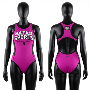 Maillot de bain rose en polyester extensible de haute qualité 210 GSM avec empiècements noirs sur les côtés, logo personnalisé imprimé à chaud, maillot de bain pour femme - Product Image 1