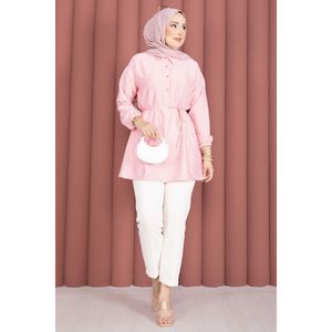 Blusa de Mujer con Detalle de Encaje a Rayas, Color Rosa, Tejido de Popelina, Talla XL, Corte Holgado, Estilo Informal para Oficina, Método de Tejido Tejido, Primavera - Product Image 3