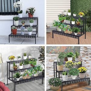 Metal Black Rectangular Ladder Flower <b>Pots</b> Plant Display Rack 3 Tiers Metal Plant <b>Stand</b> For Outdoor Indoor in Best Price - Product Image 5