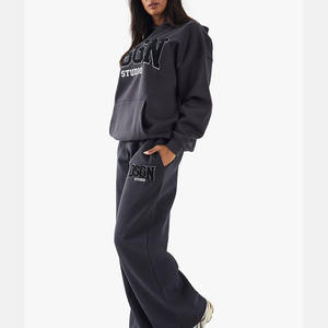 Conjunto de mujer Vintage Conjunto de pantalones de dos piezas Sudadera con capucha y pantalones acampanados con cremallera personalizada Lavado ácido Chándales de mujer de gran tamaño - Product Image 6