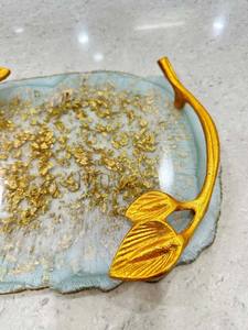 Juego de bandejas rectangulares de resina dorada para el hogar, cocina y restaurante, mango de diseño de hoja de Metal dorado - Product Image 2