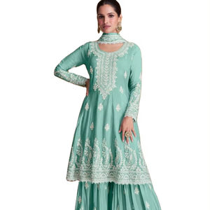 Traje de trabajo de bordado de hilo de seda Chinon de último diseñador Sharara de Fab Zone - Product Image 1