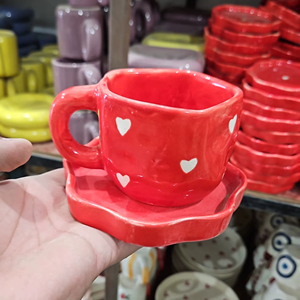 Red Love Ceramic Hand-kneaded Niche Hand-painted <b>Cups</b> and <b>Saucers</b> Set Wholesale Hand-painted Irregular Shape - Product Image 1