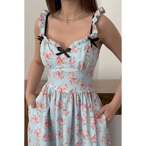 Vestido Floral Azul Bebé con Lazo Frontal - Azul Bebé - Product Image 4