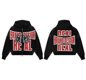 Sudadera con capucha desgastada recortada de la mejor calidad para hombre-Sudadera de estilo chaqueta de calle personalizada con doble cremallera - Product Image 2